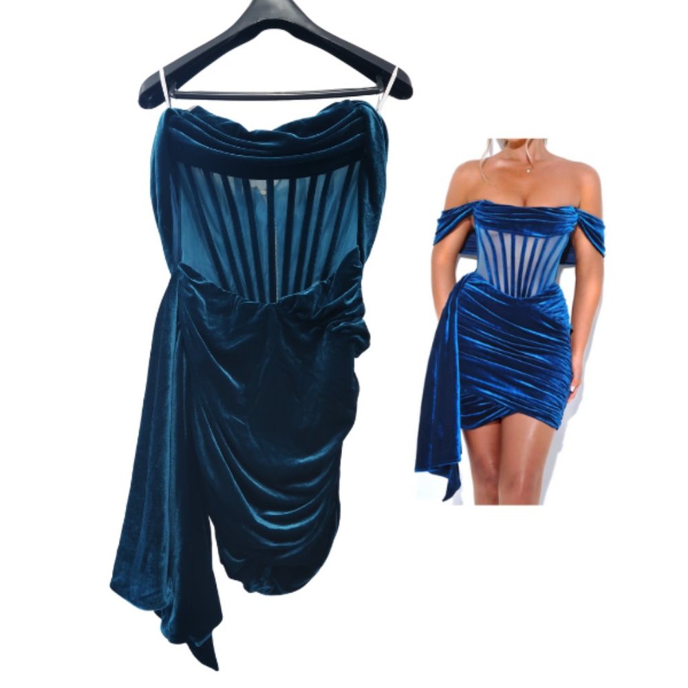 Irisa Teal Blue Draping Off Shoulder Corset Dress